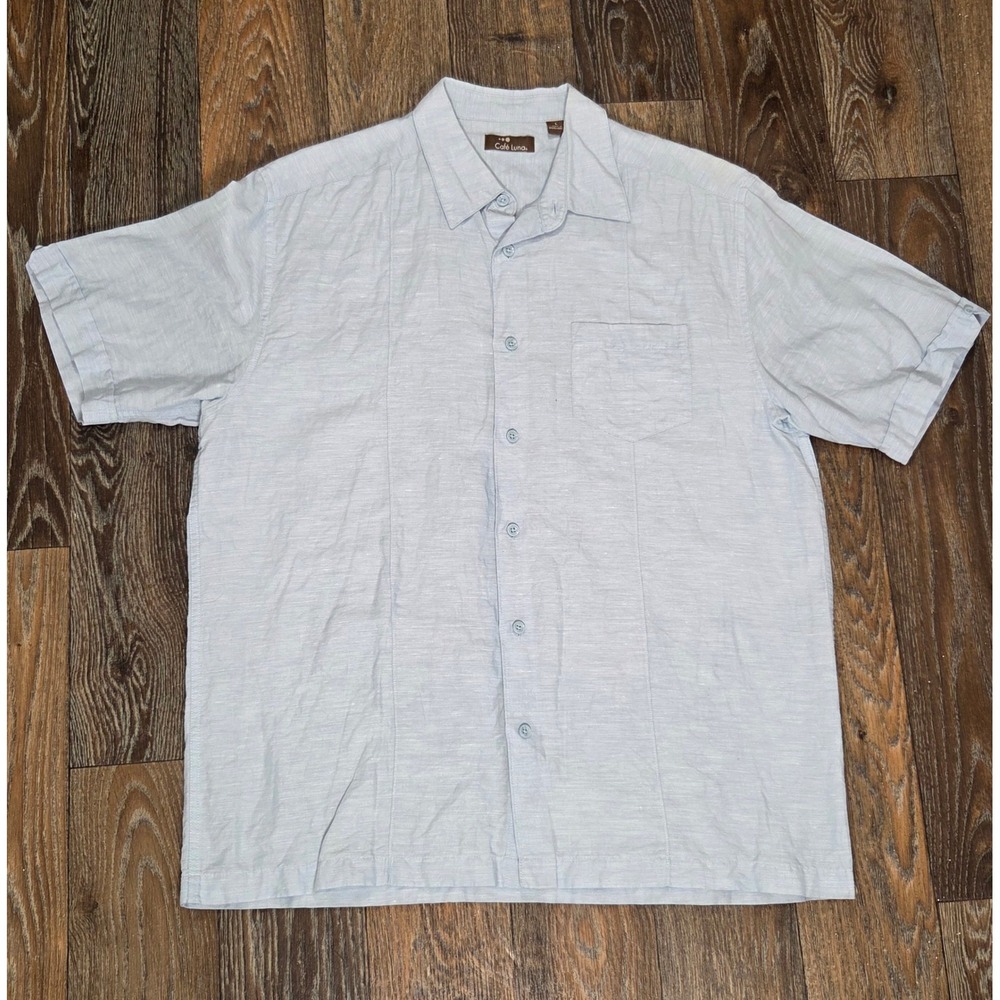 Cafe Luna Mens Large Light Blue Short Sleeve Button Down Camp Guayabera Shirt